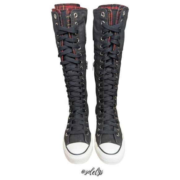 Converse RARE 2007 Japan All Star XXHI Knee High Black Red Plaid Foldover M5/W7 - Picture 2 of 16